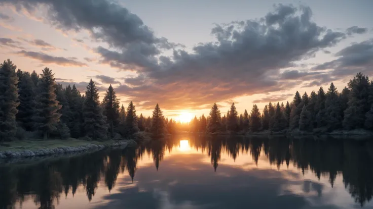 Photograph of a sunset over a lake with birds and trees, (good composition), (in frame), centered, 8k, 4k, detailed, attractive, beautiful, impressive, photorealistic, realistic, cinematic composition, volumetric lighting, high-resolution, vivid, detailed, stunning, professional, lifelike, crisp, flawless, DSLR, 4k, 8k, 16k, 1024, 2048, 4096, detailed, sharp, best quality, high quality, highres, absurdres