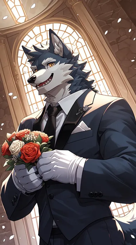 official art, masterpiece, ultra detailed, (sharp focus:0.6), depth of field, perfect lighting, best quality,
furry, male, wolf, (felid:0.3), hybrid, formal wear, bouquet, brooch, necktie, open smile, white gloves,
dynamic angle,
detailed background, wedding, light particles, light theme