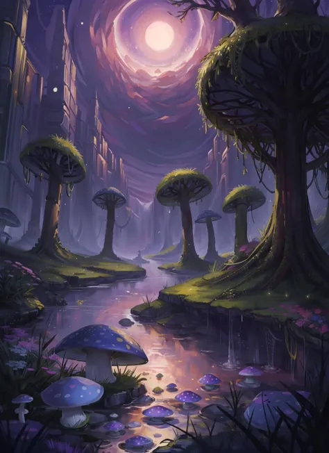 landscape, scenic, outer worlds, alien, perfect lighting, weird plants, mushroom, slimy, tentacles, particles, purple sky