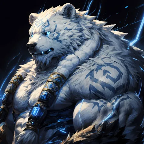 nj5furry, masterpiece, best quality, extremely detailed illustration, anime style, digital painting \(artwork\), profile, volibear, muscular male, (white bear with blue eyes and a glowing light on its face), glowing eyes, sharp teeth, thick arms,  simple black background