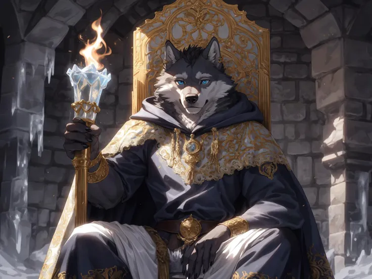A close-up shot of a furry male wolf, sitting on a throne made of ice in a medieval castle. He is wearing a fur-lined cloak, adorned with silver and gold embroidery. His piercing blue eyes reflect the flickering light of the torches in the room. The shot is captured using a state-of-the-art DSLR camera, delivering crisp and detailed images