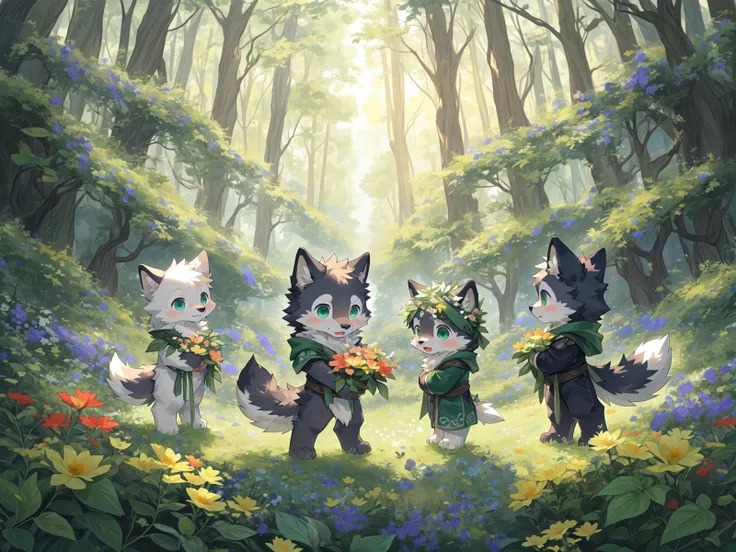 Masterpieces,official art,full body,furry,male,Druid wolf,The plant that breaks out of the body, the flower that breaks out of the body,Body-wrapping plants,Variation,Assimilation by plants,Emerald green soft energy wave,In the forest, chibi, cub, cute, young