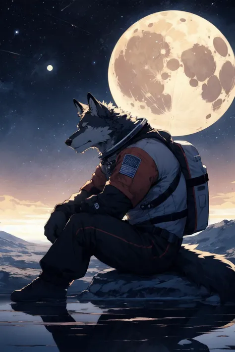 (masterpiece, best quality), furry male,1boy, spacesuit, astronaut, lunar, moon, earth, gazing at earth, lonely, solemn, melancholic, homesick, werewolf, wolf, furry, anthro, muscular, buff, hunky, alone, barren landscape, distant planet, isolation, longing, pining, reflective, wistful, staring wistfully at the blue planet