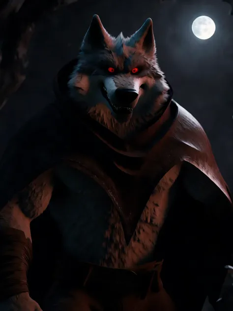male, solo, anthro, wolf, death \(puss in boots\), red eyes, black sclera, long mouth, white body, facial markings, cape, hood, belt, topwear, bottomwear, fluffy fur, moonlight, hyper detailed, ultra realistic, unreal engine 5, studio lighting, cinematic, High Detail, dramatic, cinematic, 8k, highres<lora:de1:1>