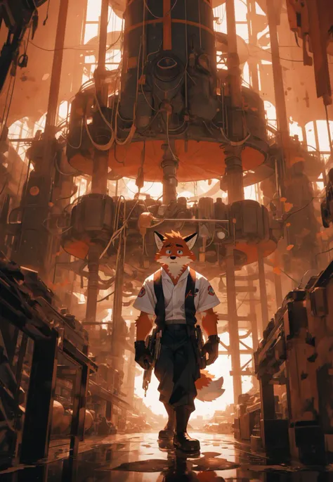 An animation co-produced by Kyoto Animation and GoHands animation and netflix.long short,full body.Deep view from the full body.furry,male,anthro,orange furry fox,short hair.slim chunk,Sweaty Oil Platform Driller.Oil platform pipeline, oil platform instrument, wrench.Hollywood style post production effect. Aesthetically artful style. Higher contrast. Pastel color. The best photography ever. The best composition.extremely detailed,4k