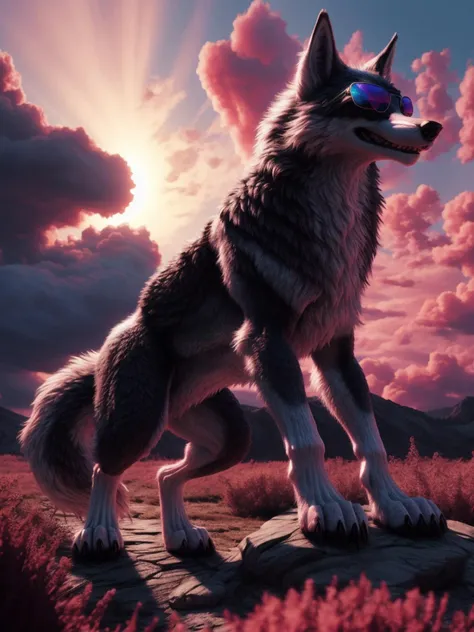 psychedelic wolf with sunglasses on a blue and pink cloud, feral, hyper detailed and intricate, photorealistic, beautiful lighting, hyper realistic, 3D, photorealistic, photo