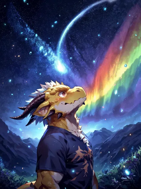 solo, male, mature male, (male anthro dragon:1.3), (yellow body:1.1), (standing:1.3), (kemono:1.2), (starry sky:1.23), t-shirt, (clothed), (looking up:1.4), (raised head), (side view), galaxy, aurora, (rainbow:1.3), detailed eyes, portrait, dragon tail, horn, (detailed eyes), (outside:1.35), grass, hill, shooting star, (dark:1.4), (particles ,firefly, blue glowing:1.3), detailed background, 8k hd, (dark shadows, wide dynamic range, hdr, low light:1.2), by Pino Daeni, barazoku, [by dagasi, by zixiong], cygames, by null-ghost
