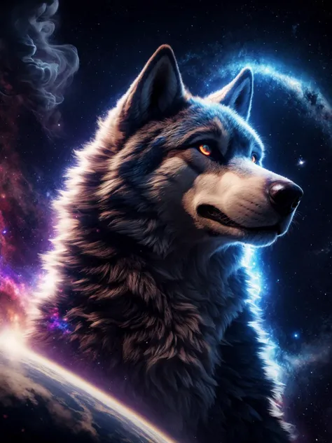 feral, wolf, energy, galaxies, spirals, space, nebulae, stars, smoke, iridescent, intricate detail, in the shape of a wolf, octane render, 8k