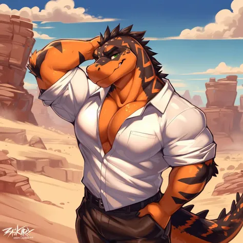 E621, ultra-high detailed, absurd res, RAW photo, (by zackary911, by takemoto arashi), by oreocakes, by ifus, (sharp focus:1), high quality:3, thick eyebrows, muscular arms, (huge muscular pecs:1.2), (Black and orange scales), lizard, (Gila Monster lizard), gila monster lizard, (arms behind neck:1.3), (exaggerated bodybuilder:1.2), (Standing at an American south-west desert landscape), cactuses in distance, (desert rocks in background), beautiful cel shading, green eyes,(best quality:3), (masterpiece 4k 8k:1.3), detailed background, cinematic, detailed eyes, detailed irises, male focus,(sexy face:1.4), (wearing white button up shirt and black khaki pants:1.3), (green eyes:1.5), male focus, (detailed eyes), (detailed irises), (solo:1.3), ((perfect anatomy)), ((looking at viewer:1.5)), view to viewer, (three quarter view:1.3),