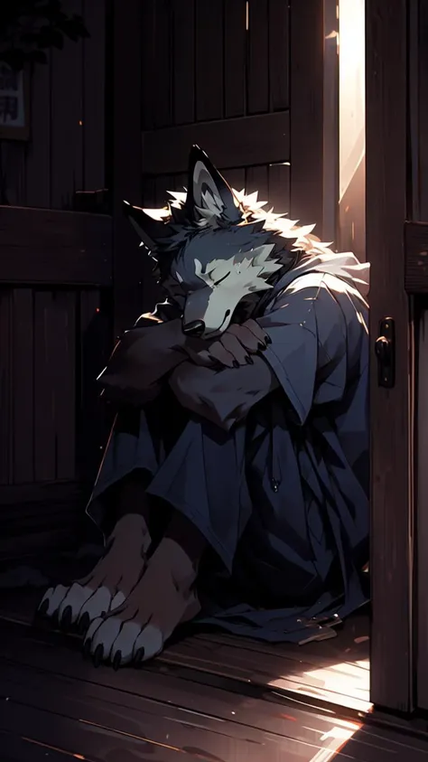 masterpiece, best quality, hi res,
furry, wolf, male, solo, solo focus,
baggy clothing, eyes closed,
crying, tears, lonely,
door gap, sitting, hugging legs,
light beam, corner, night, low light,
by kiyosan, by pino daeni