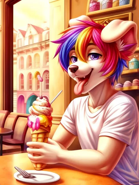 portrait, male dog, floppy ears, multicolor hair, wearing white t-shirt, shorts, with ice cream, parfait, cream, macaron, happy, tongue out, in ice-cream parlor, (masterpiece), best quality, high resolution, detailed background, (colorful, vivid color:1.4)
