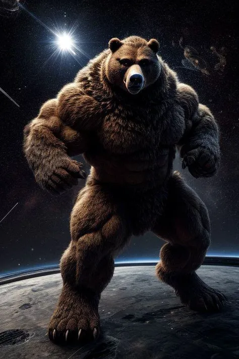 random big massive muscular musclechub anthropomorphic dark furred bear in a space themed action pose