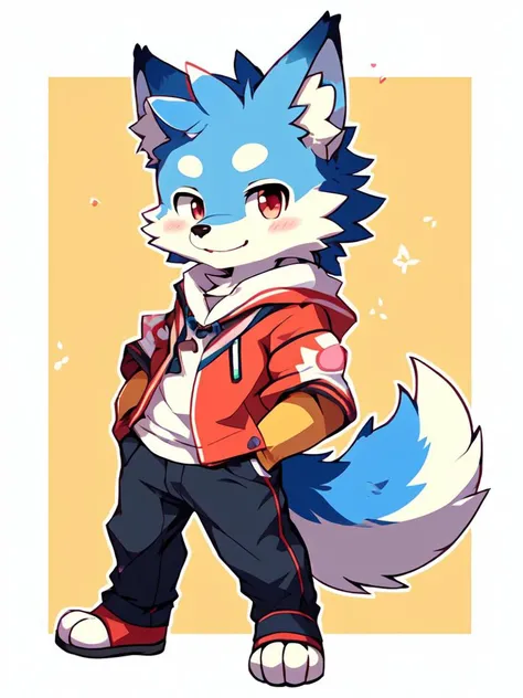 kawaii style, furry, solo, male, wolf . cute, adorable, brightly colored, cheerful, anime influence, highly detailed