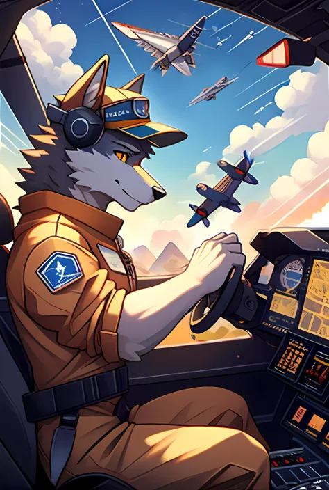 masterpiece, best quality, motion, professional, hopeful,
furry, wolf, solo, pilot, headgear,
driving, upper body, operating, side view,
spacecraft, cockpit, meters, cloud, detailed background, blue sky, sunlight,
(aircraft joystick:1.25),