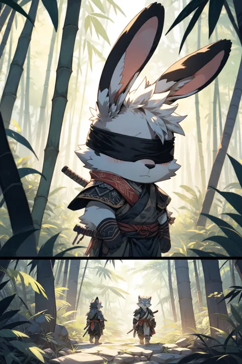 by Rumiko Takahashi, best quality, masterpiece, solo, ,chibi,soft lighting,two evil looking wolve males samurai in bamboo forest, ((looking at viewer))+, evil grin, in forest, (wearing torn samurai armor)+,vibrant colors, depth of field,countershading,(bamboo trees)r, misty air, strong sunlight, mossy path, mountain village,
