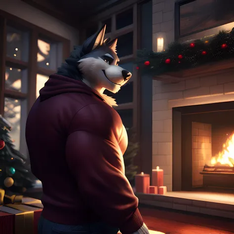 furry bara, very handsome strong and manly bodybuilder canine with thick muscles with a handsome smile wearing Retro-style sweatshirt at a cozy christmas night in the living room with snow falling outside the window, dynamic romantic situation, very detailed background,
ultra realistic, concept art, intricate details, highly detailed, photorealistic, octane render, 8k, unreal engine, sharp focus, volumetric lighting unreal engine