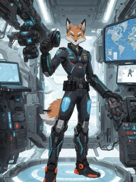 sci-fi style, Japanese animation style, 18age teenagers furry, Cyberger, The male fox mecha police officer has been restored to factory settings, slim and handsome, including the operation interface, holographic manufacturing drawings, design drawings, t-pose, futuristic style, movie texture, snake hips