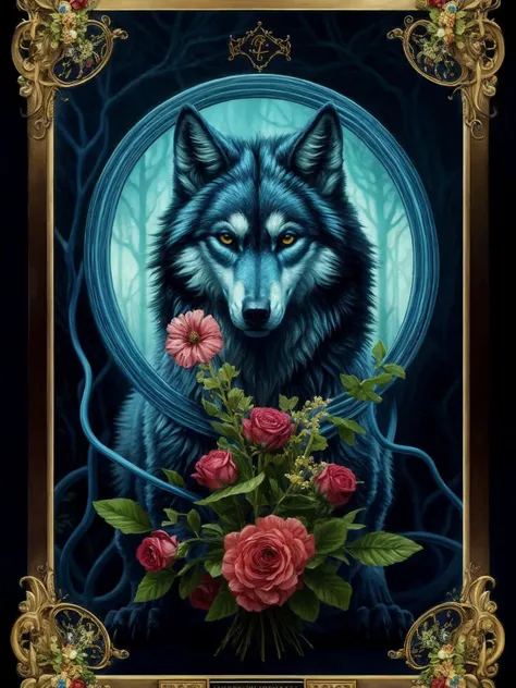 feral wolf + magical + symmetrical + symmetry + flower bouquet + bright blue vines + detailed intricate ink illustration + symbols of justice + tarot card with ornate border frame + dark atmosphere + by Peter Mohrbacher + complementing colors + frame + ((photorealistic))
