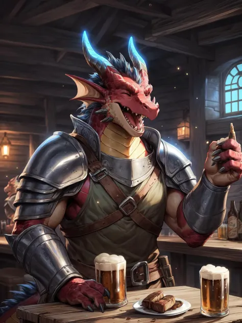 solo, male, adventurer, (male anthro dragon:1.3), (red body:1.1), yellow belly, (standing:1.3), (kemono:1.2), (tavern:1.23), heavy armor, (plate armor), (laugh:1.3), eyes closed, open mouth, tongue, (beer), detailed eyes, dragon tail, horn, (bust portrait), (detailed eyes), (indoors:1.35), table, bar counter, food, dnd, crowd, (dark:1.4), (particles ,firefly, blue glowing:1.3), detailed background, 8k hd, (dark shadows, wide dynamic range, hdr, low light:1.2), by Pino Daeni, canyne khai, milkytiger1145, (bara), [dagasi, yupa]