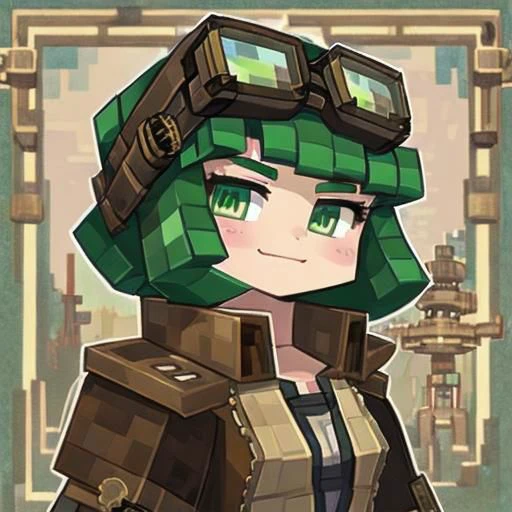 1girl, green hair, steampunk, green eyes, tech, cute face,
minecraft square style, ((big steampunk goggles))
look at viewer, standing, close up