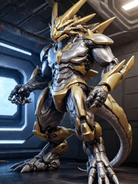 hyper-realistic, photorealism, a strong anthro golden gundam dragon is standing in spaceship, solo, male, (gundam), shiny silver chassis, mecha, cyborg, glowing LED, detailed textures, bipedal, photo, camera captured that ensuring character are in sharp focus while the background remains softly blurred, 1 tail, highly detailed, 3d