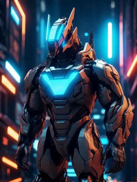 transformers, bust portrait, mecha, feral, tail, digitgrade, big mecha, robot, titan, detailed torso, detail head, (shining sliver torso), with light blue glowing, in a cyberpunk city, neon light, 80mm, f/1.8, extremely detailed CG unity 8k wallpaper, realistic, masterpiece, highest quality, lens flare, unreal engine, trending on ArtStation, Intricate, High Detail, dramatic, realism, beautiful and detailed lighting, shadows