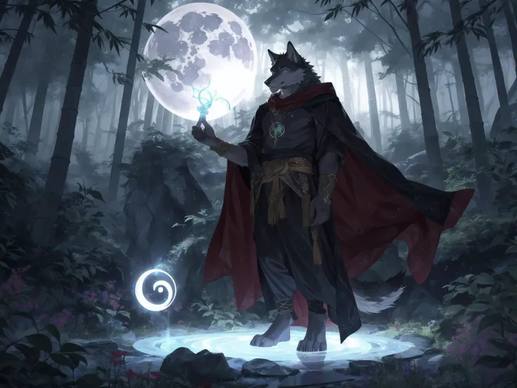 A Long Shot,wide shot, In the mystical realm where Eastern Daoist traditions intertwine with Western sorcery, a charismatic male wolf furry commands attention. Draped in a flowing cloak woven with symbols of both Yin and Yang, he emanates an aura of dual power. With an ancient jade talisman adorned around his neck and a wand of sparkling crystals in his paw, he delves into the secrets of both Eastern and Western magic. In a hidden temple nestled within a dense bamboo forest, he merges the principles of qi manipulation and arcane spellcasting. As the moon rises overhead, casting an ethereal glow, he performs a captivating ritual that channels the energies of both worlds. This enigmatic wolf becomes a bridge between ancient mysticism and esoteric enchantments, a figure revered for his mastery of the magical arts in this unique realm.ambient light, natural light, tyndall effect,DSLR camera, advanced lighting for film, Unreal Engine 5,extremely realistic, and ultra - high definition