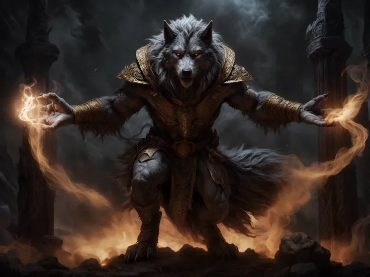furry wolf from DC as a DnD character.He is levitating in the air and casting a spell,surrounded by gold smoke,character concept,illustration, d&d character, epic fantasy, dark fantasy,character design, intricate detail,realistic fantasy,photografic,cinematic lighting,hyper-realistic