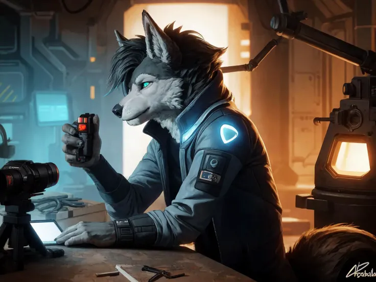A Long Shot,Profile Shot,In a world where magic and technology coexist, there is a bustling city called Neo Arkadia. It's the year 2077, and our furry wolf protagonist, Max, is a skilled engineer and inventor who specializes in creating advanced prosthetics for those who have lost limbs or have disabilities. Max has his own workshop in the heart of Neo Arkadia and spends most of his time tinkering with his latest inventions.ambient light, natural light, tyndall effect,DSLR camera, advanced lighting for film, Unreal Engine 5,extremely realistic, and ultra - high definition