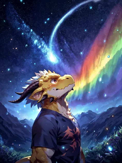 solo, male, mature male, (male anthro dragon:1.3), (yellow body:1.1), (standing:1.3), (kemono:1.2), (starry sky:1.23), t-shirt, (clothed), (looking up:1.4), (raised head), (side view), galaxy, aurora, (rainbow:1.3), detailed eyes, portrait, dragon tail, horn, (detailed eyes), (outside:1.35), grass, hill, shooting star, (dark:1.4), (particles ,firefly, blue glowing:1.3), detailed background, 8k hd, (dark shadows, wide dynamic range, hdr, low light:1.2), by Pino Daeni, barazoku, [by dagasi, by zixiong], cygames, by null-ghost