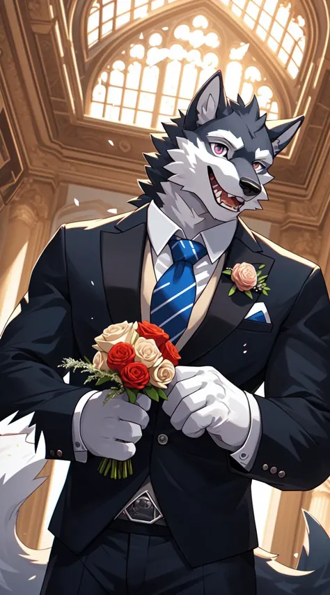 official art, masterpiece, ultra detailed, sharp focus, Delicate eyes, depth of field, perfect lighting, best quality,
furry, male, wolf, (felid:0.3), hybrid, formal wear, bouquet, brooch, necktie, open smile, white gloves,
dynamic angle,
detailed background, wedding, light particles, light theme