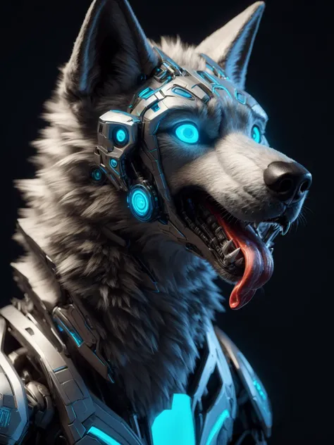 photorealistic, scifi, machine, robot, mammal, canid, solo, canine, tongue, android, canis, anthro, hi res, open mouth, fur, metal, wolf, male, cybernetics, digital media (artwork), teeth, cyborg, ambiguous gender, blue eyes, simple background, tongue out, black background, feral