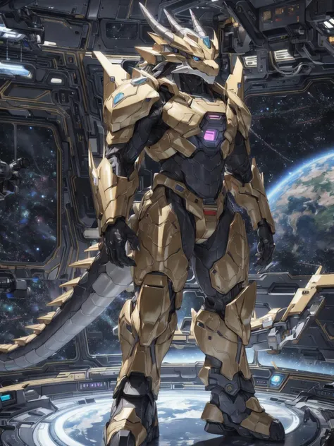 hyper-realistic, photorealism, a strong anthro golden gundam dragon is standing in spaceship, shiny silver chassis, glowing LED, detailed textures, bipedal, photo, camera captured that ensuring character are in sharp focus while the background remains softly blurred, 1 tail, highly detailed