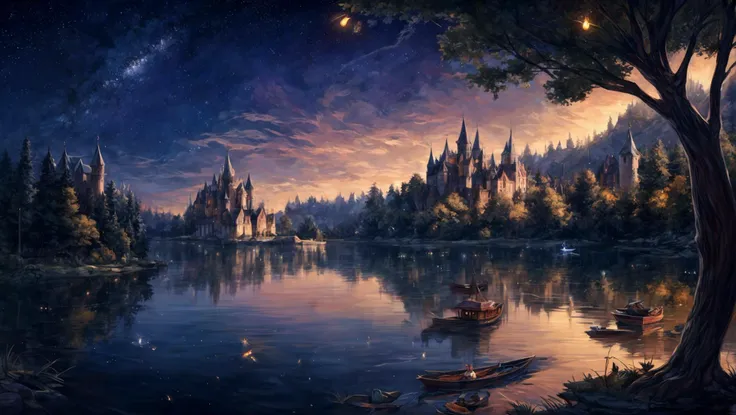a detailed wooden boat floating adventurous on a lake at midnight with bright stars and fireflies flying all over and with a castle and a town in the background, (distance, dynamic angle), ancient trees <lora:add_detail:1>
intricate, elegant, highly detailed, digital painting, artstation, concept art, smooth, sharp focus, illustration, art by wlop, charlie bowater and alexandra fomina