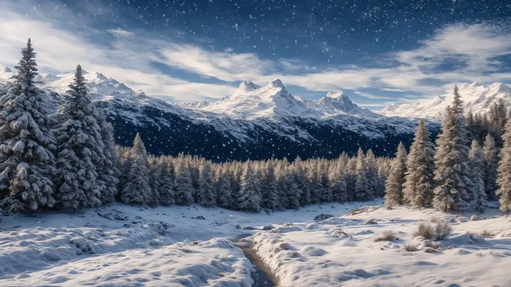 (masterpiece:1.15), (best quality:1.15), (detailed:1.1), (highres:1.1), photo, 50mm lens, f/22, ISO 100, booscapes, nature, sky and ground, Snowy Mountain and Trees, (fluffy clouds:1.1), color grading, natural light, snow field, snowing