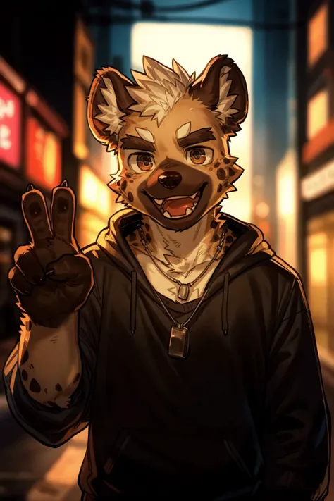 ((by milkytiger1145,by dendryte axxon)),
furry,kemono,anthro,
smile,((teeth)),((leaky grin)),(((open mouth))),
detailed eyes,absurd detailed eyes,
standing,(front view:1.2),(((v sign))),5 fingers,
(young man,handsome,silm hunk),
( spotted hyena male),small round hyena ears,(dark brown ears),(dark brown mouth and dark brown nose:1.3),dark brown muzzle,(dark brown hands:1.2),
in dark night modern city,medium shot,
gangster,(sanpaku),hoddie and shirt,Dog tags,necklaces,
looking at viewer,
