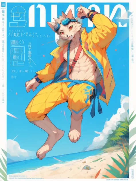 domestic cat, jumping, beach, goggles, japanese text, jacket, by chung0 0, by null-ghost, by littleblackalas, by [bakemonoy|darkgem|mystikfox61|lostgoose] <lora:Harajuku:1>