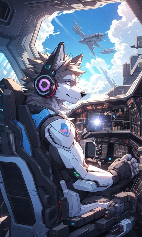 masterpiece, best quality, perfect anatomy,
furry, (wolf:0.9), domestic dog, male, solo, (synthetic eyes:1.1), (exoskeleton:0.8), headphones,
operating, glance,
spacecraft, cockpit, (meters:0.8), detailed background, technology, blue sky, sunlight, cloud