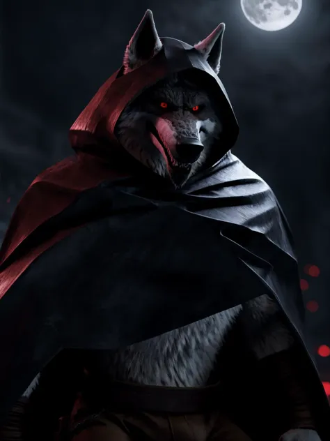 male, solo, anthro, wolf, death \(puss in boots\), red eyes, black sclera, long mouth, white body, facial markings, cape, hood, belt, topwear, bottomwear, fluffy fur, moonlight, hyper detailed, ultra realistic, unreal engine 5, studio lighting, cinematic, High Detail, dramatic, cinematic, 8k, highres<lora:de5:1>