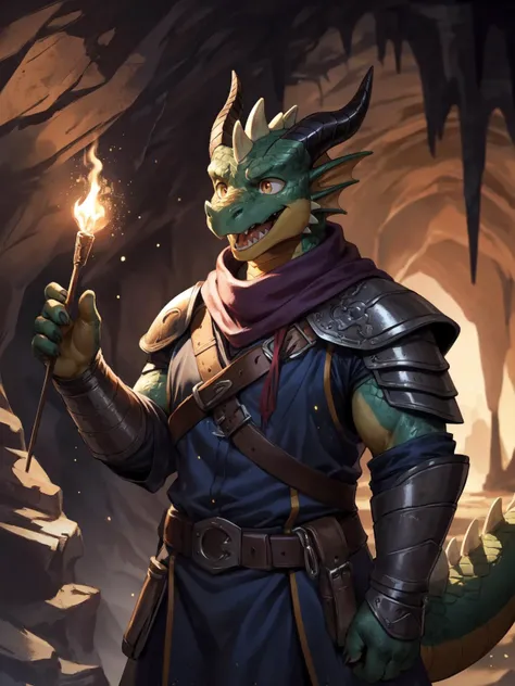 solo, male, adventurer, (male anthro dragon:1.3), (green body:1.1), yellow belly, (standing:1.3), (kemono:1.2), (cave:1.23), (leather armor), (excited:1.3), open mouth, ,detailed eyes, dragon tail, horn, (bust portrait), (detailed eyes), (indoors:1.35), crystal, torch, smoke, dnd, (dark:1.4), (particles ,firefly, blue glowing:1.3), detailed background, 8k hd, (dark shadows, wide dynamic range, hdr, low light:1.2), by Pino Daeni, canyne khai, milkytiger1145, dagasi, (bara)