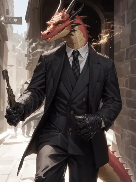 solo, anthro, dragon, male, anthro barble dragon, hyper-realistic, photorealism, short fur, assassin, burberry trench coat and suit in light tan, mafia, black gloves, firing with pistol