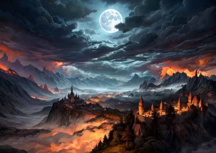 (masterpiece, best quality, highres, high resolution:1.2), extremely detailed, realistic, intricate details, (cinematic lighting, bloom, volumetric), landscape, full moon, hills, castle, thunderstorm, graves, scary and dark atmosphere, high pressure, clouds, dark colors, breathtaking tension and atmosphere, <lora:add_detail:1>, low saturation, ((clouded in thick fog)), (big detailed river), (black and white), (bloody red full moon)