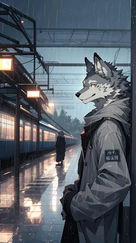 masterpiece, best quality, perfect anatomy, bright eyes, watery eyes,
by milkytiger1145, by k0bit0wani,
furry, wolf, (felis:0.25), male, solo, baggy clothing,
(open smile:1.1), gentle, looking at viewer, 
train station, rain, (waterdrop:0.9), grey sky, raining, (fog:0.4)