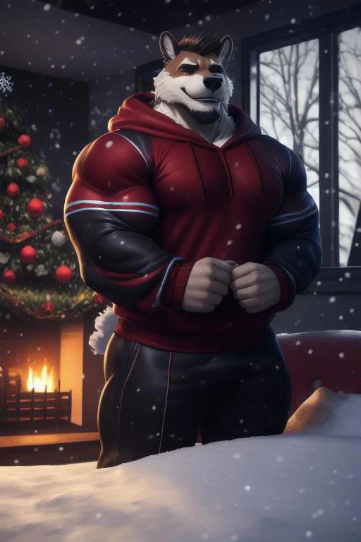 bara, very handsome european strong and manly dark blond bodybuilder with thick muscles with a handsome smile wearing Retro-style sweatshirt at a christmas night in the living room with snow falling outside the window, dynamic romantic situation,
ultra realistic, concept art, intricate details, highly detailed, photorealistic, octane render, 8k, unreal engine, sharp focus, volumetric lighting unreal engine