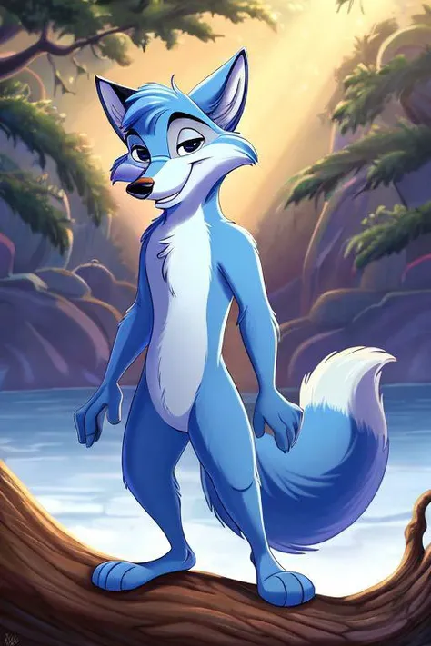 professional three-quarter portrait disney animation, front view, outside nature setting, shaded sunlight, (solo:1.3), looking at viewer, mammal, anthro, ((icy blue fox)). nude, male, smile, blue eyes, highly detailed (light blue) and white two-tone fox fur, canid, narrowed eyes, outside, fingers, tuft, facial tuft, cheek tuft, half-closed eyes, seductive, teeth, black nose, bedroom eyes, disney, light, tree, log, head tuft, standing, (perfectly drawn background), (disney studios classical animation:1.05), (colorful disney style:1.2), (hi res:1.2), (absurd res:1.2), (High-quality cartoon:1.2), by don bluth