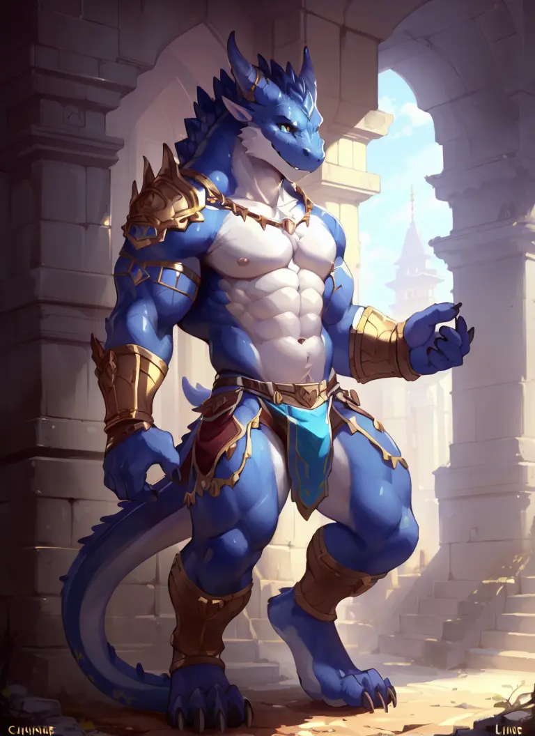 uploaded on e621, (male anthro dragon), standing, solo, muscle, detailed scale texture, old castle, (battlefield), (tribal clothing, ((long loincloth))), (shoulder armor, leg armor), (blue body, white belly), (art by chunie, (drakgem), ((rakisha)), (kontanagamori)), (front view), looking pleasured, [simple background], detailed pupils, masterpiece artwork, caustics, rim lighting, single light source, sharp shadows, solo portrait, (digitigrade), (kemono), by inessa garmash, greg rutkowski, pino daeni, ruan jia, (light particles), rose petals, 2 wings, horn