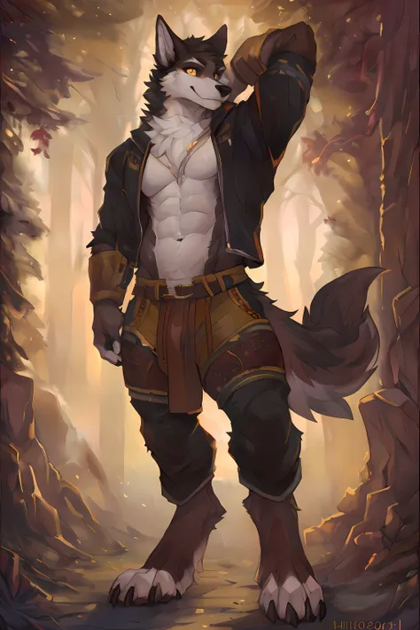 masterpiece,best quality,(by hioshiru and kenket and dimwitdog, Michael & Inessa Garmash, Ruan Jia, Pino Daeni, Chunie), solo, anthro, male, (wolf), ((intricate detail fluffy fur texture)), mane, pinup, (yellow eyes), chest tuft, ((clothed)), digitigrade, (tail), handsome, cinematic, solo, (abs), (shaded), (detailed eyes):1.2, ((bust portrait))
 <lora:husbandoLocon_v33:0.4> <lora:gachaSplashLORA_v40:0.3>