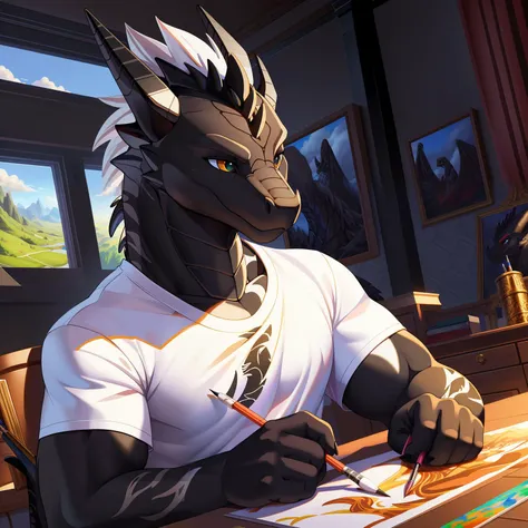 (masterpiece:1,2), best quality, masterpiece, highres, original, extremely detailed wallpaper, perfect lighting,(extremely detailed CG:1.2), drawing,dragon,wearing (a white t-shit a black dragon pattern:1.5),drawing,holding a long paintbrush,cap of a pen