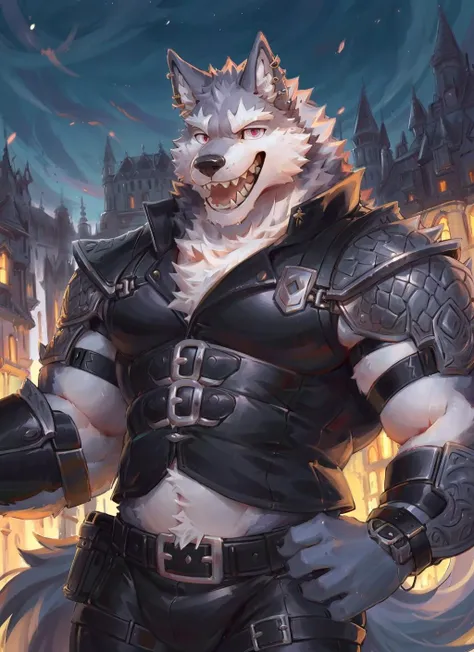 A muscular anthro wolf with red fur and black fur stands proudly in front of a medieval castle. He wears a leather vest and a sword belt, and has a scar on his left eye. He smiles confidently, showing his sharp teeth and tongue piercing. He is the leader of a band of mercenaries, and he is ready for his next adventure. < by new Bing >