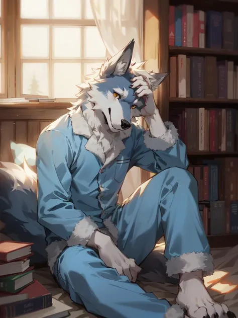 wolf, furry, solo, paw on head, looking at viewer, handsome model, pajama, neutral light, bedroom, front view, sitting, sundries, books, shelf, fluffy tail